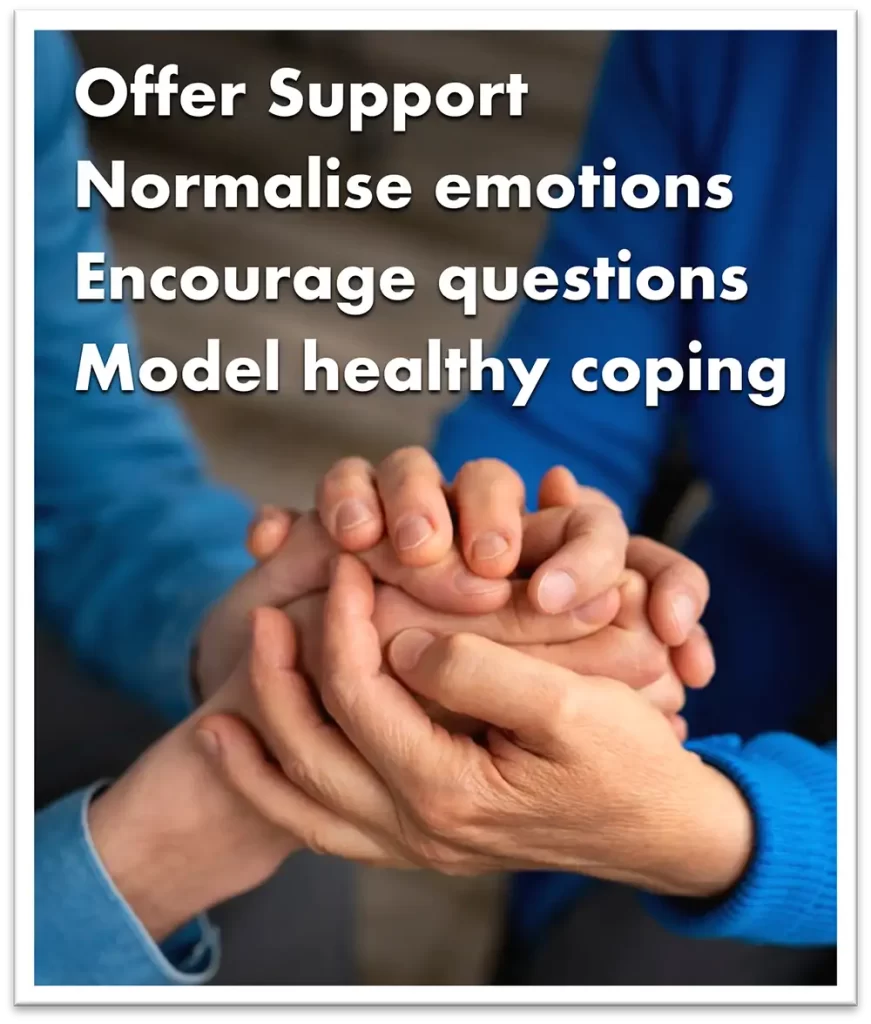 Image of people holding clasping hands supportively with header text listing advice "Offer Support, Normalise Emotions, Encourage Questions and Model Healthy Coping."