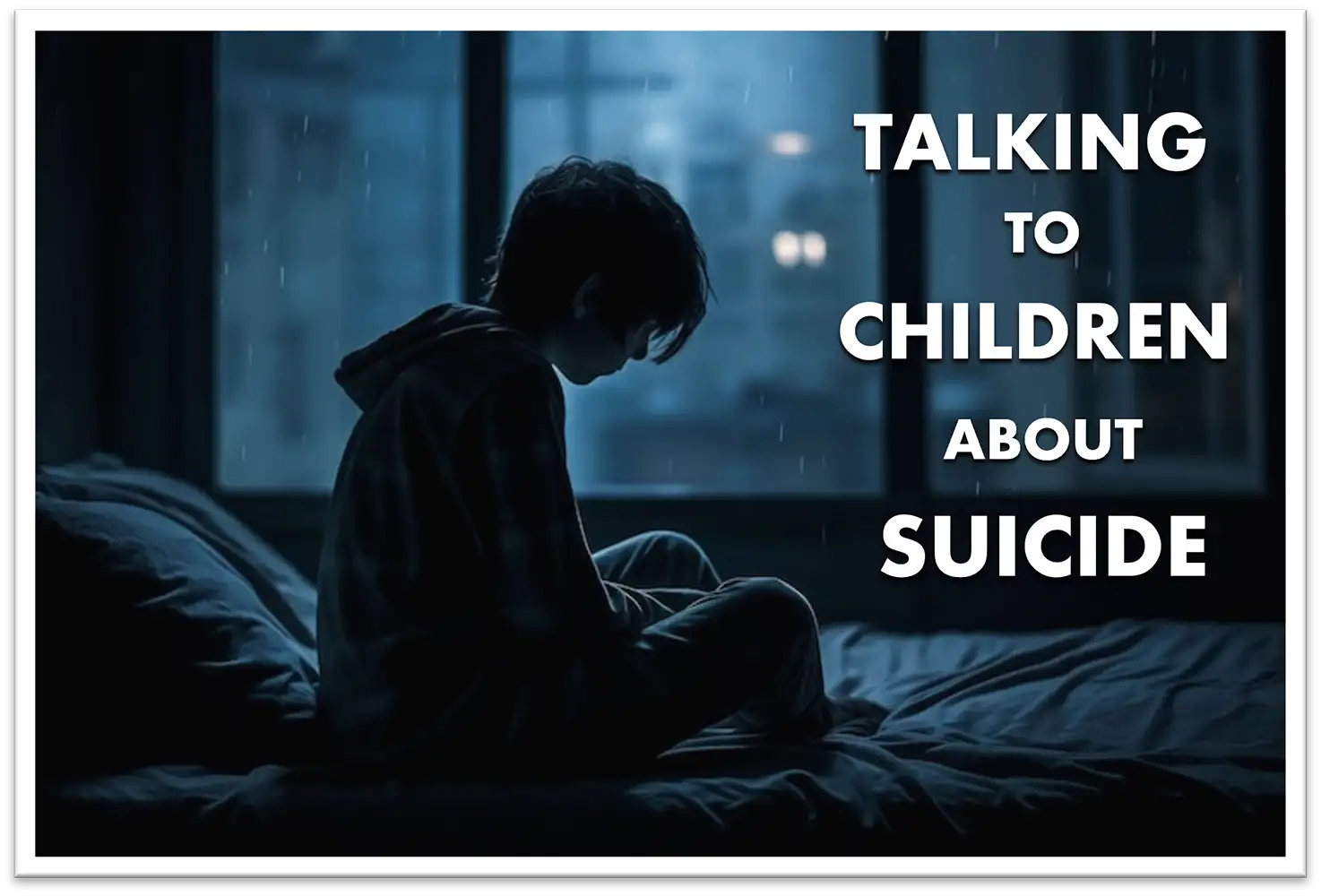 Image of Child sitting on bed depressed in gloomy setting with text heading "Talking to Children about Suicide"