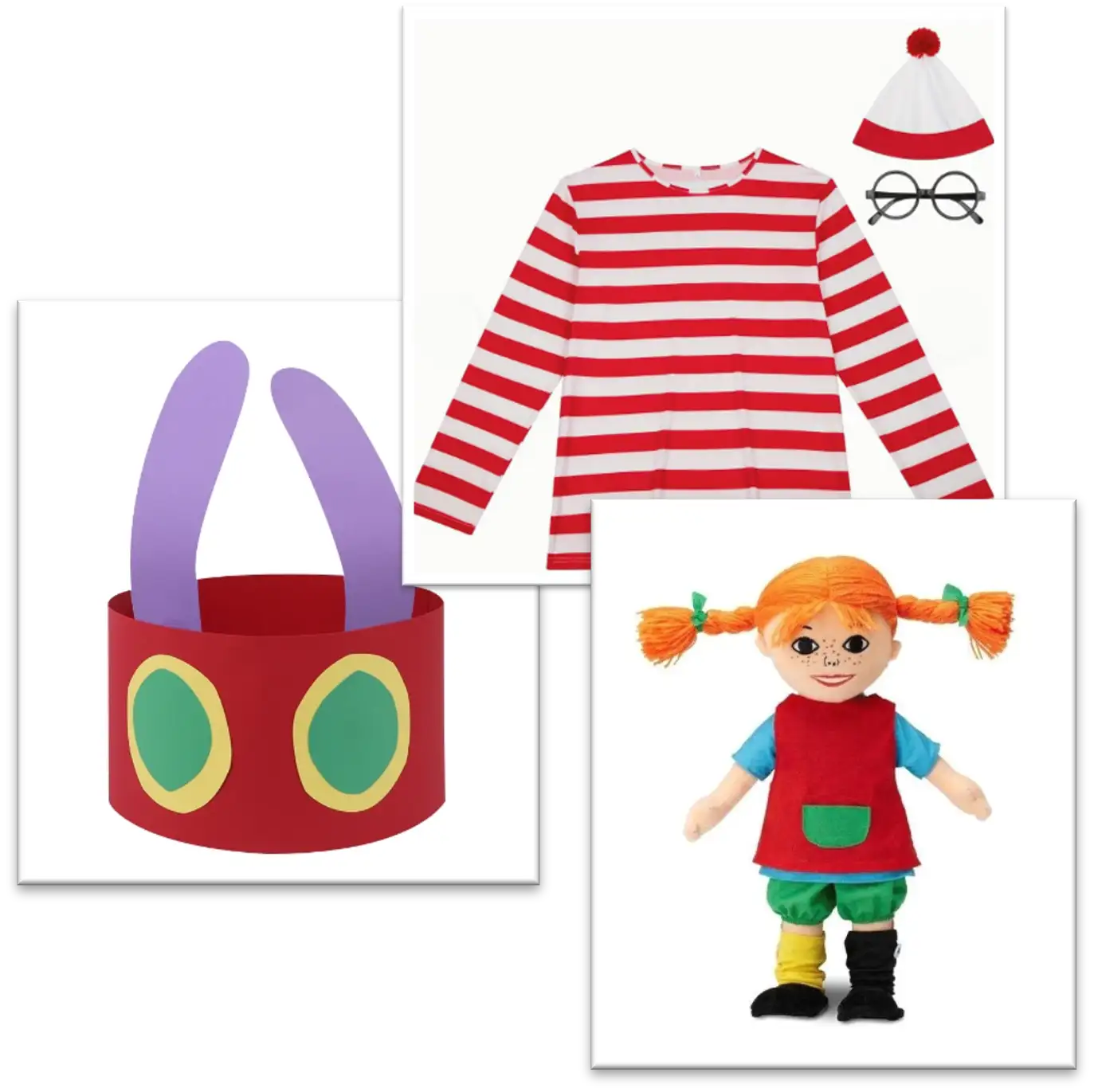 Photos of isolated costumes and a doll for book week