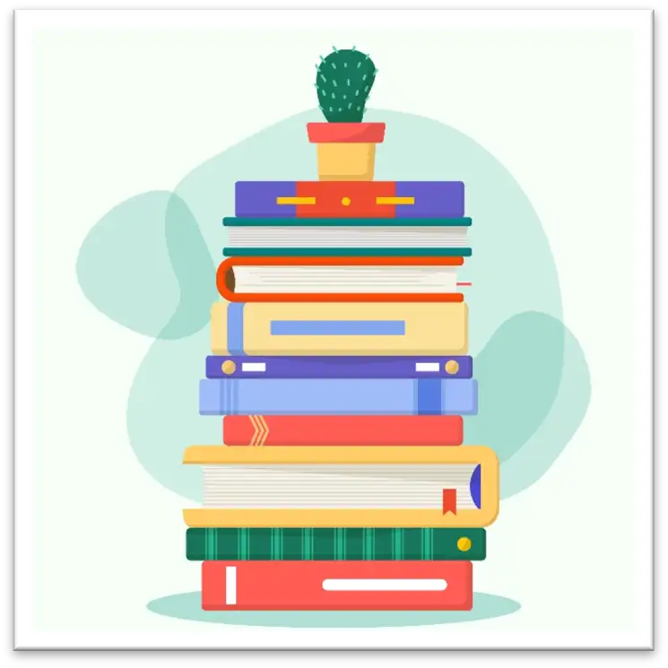 Flat illustration of books stacked up with a cactus on top