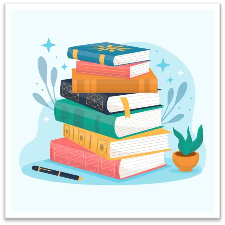Illustration of books stacked on a table from a 3/4 angle